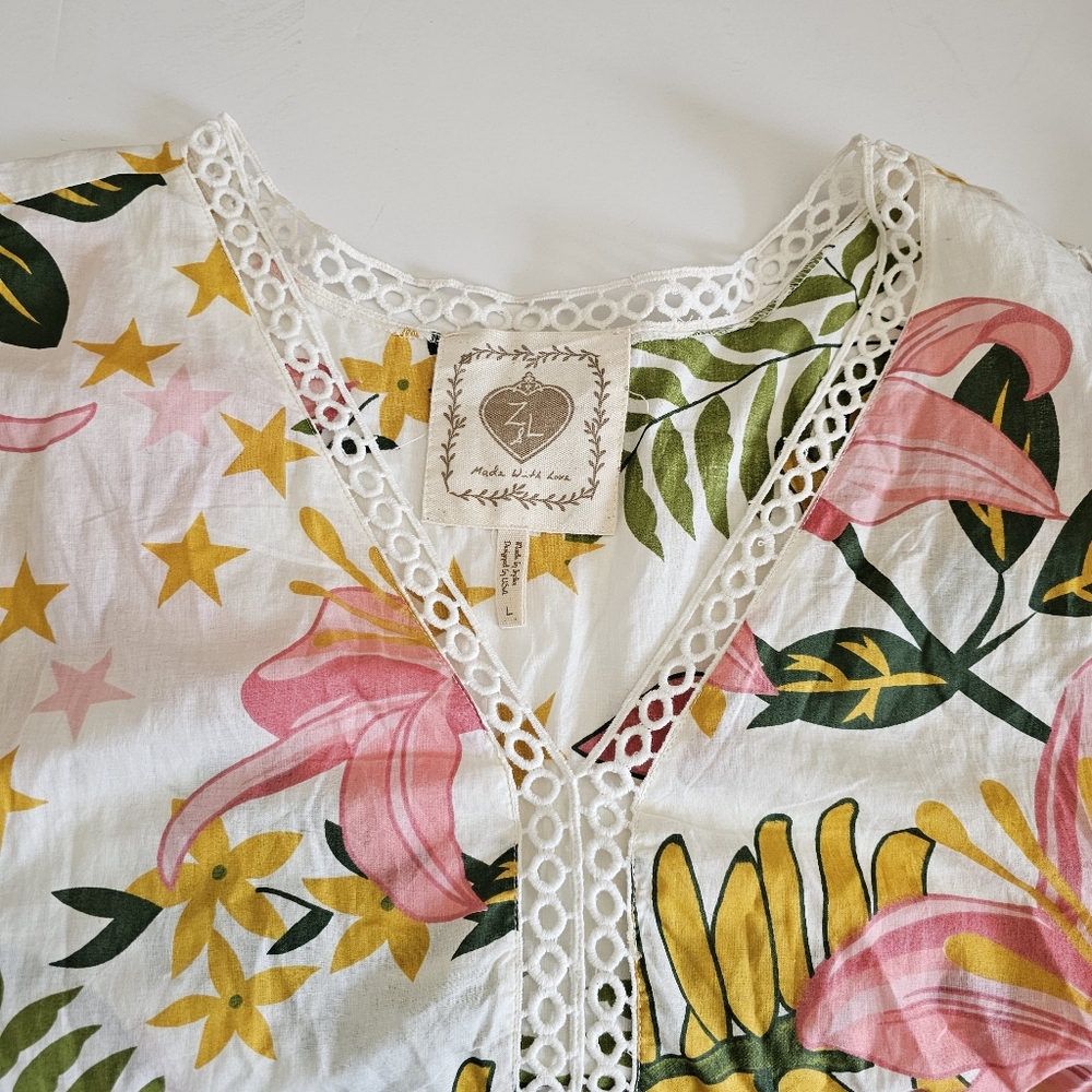 Z&L Europe Floral Print Crochet Trimmed Mini Dress or Beach Dress Large - Picture 4 of 9